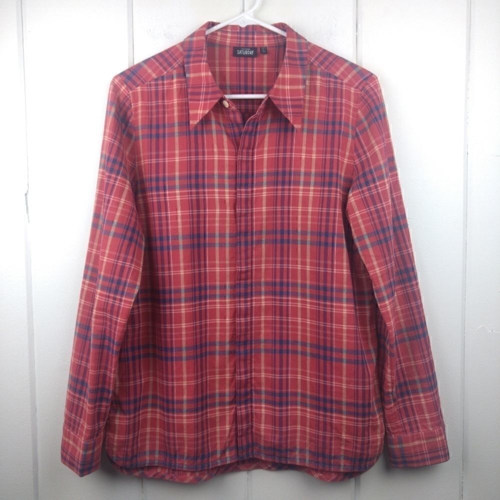 Kate Spade Plaid Button Down "Saturday" Red Cotton, Size - 6
